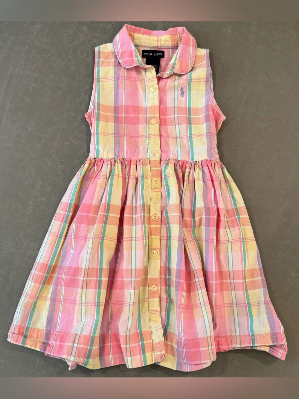 Ralph Lauren Girls 4T Madras Plaid Cotton Shirtdress Pastel Pony Tie Waist